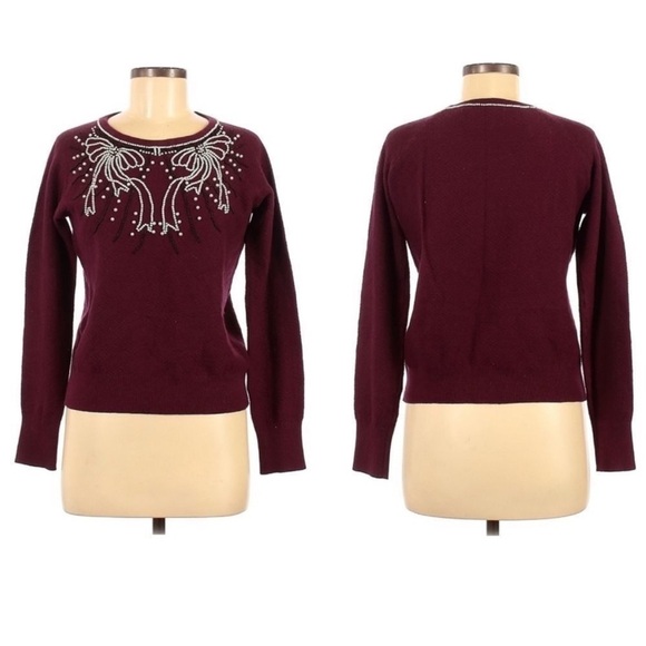 Anthropologie Field Flower Pearled Bow Pullover Crew Sweater Wool Embellished XS - Picture 3 of 15